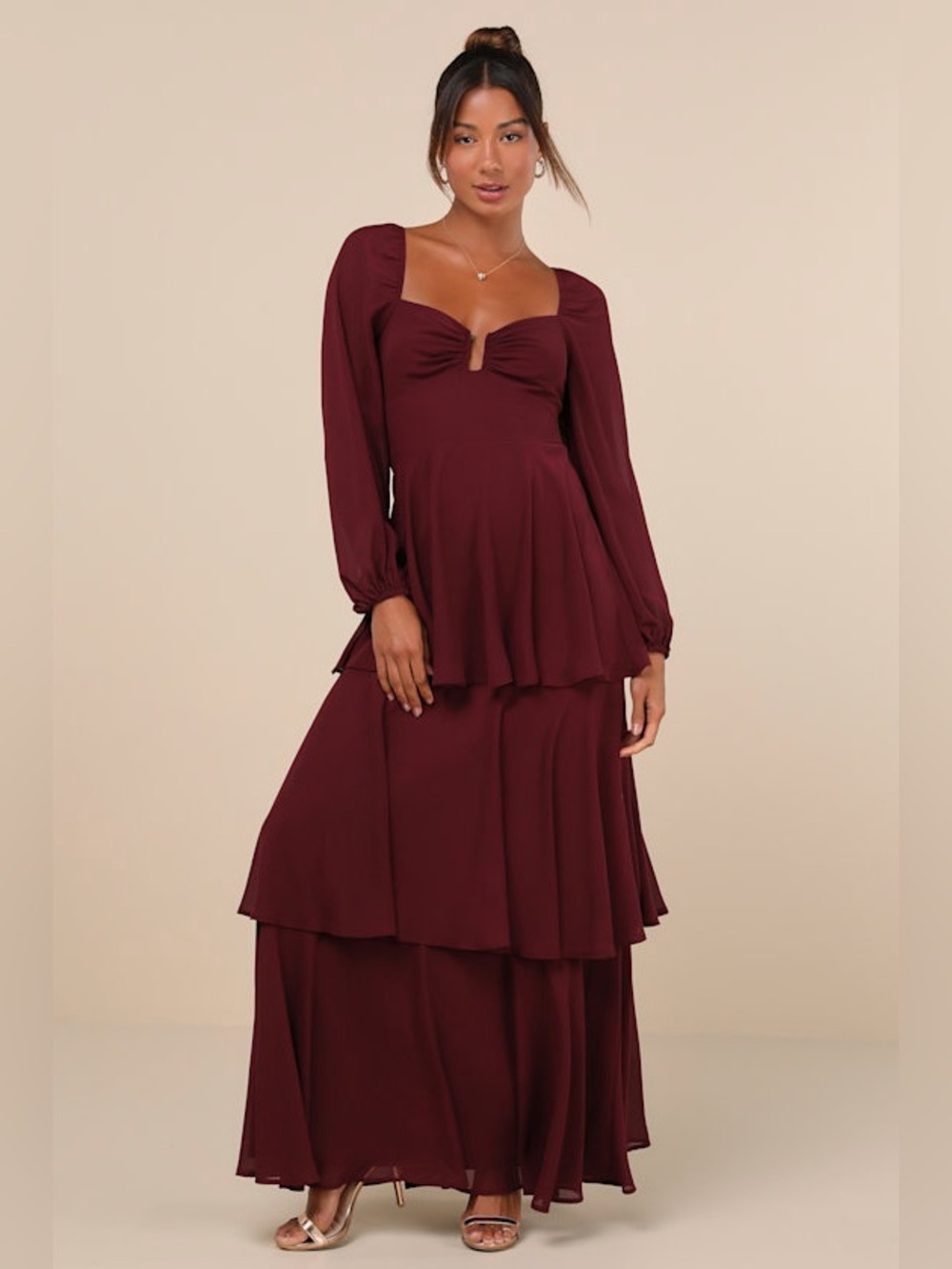 Lulus The Tier To Enchant Burgundy Long Sleeve Tiered Maxi Dress Size M